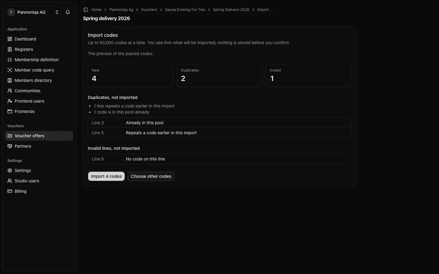 The preview of an import into the pool Spring delivery 2026: 4 new codes, 2 duplicates and 1 invalid line, each with its line number
