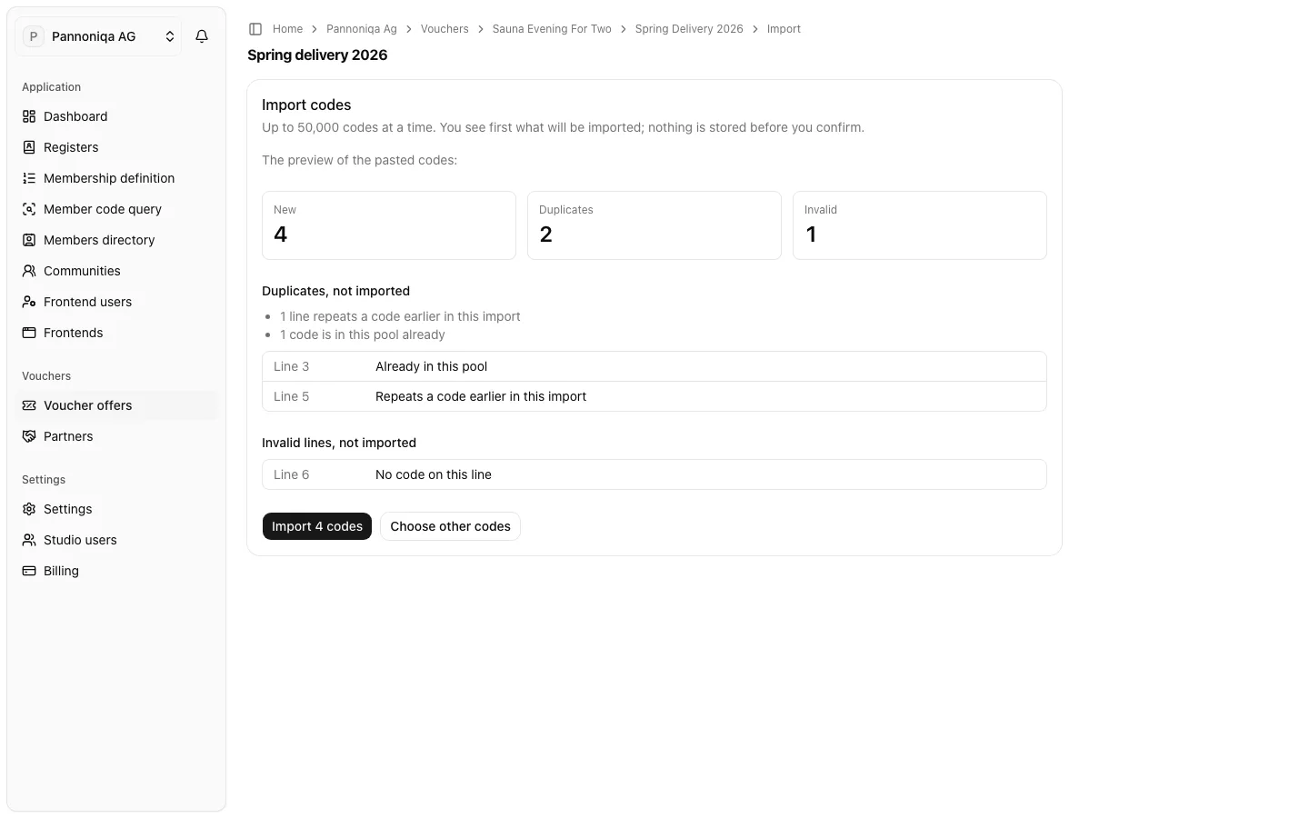 The preview of an import into the pool Spring delivery 2026: 4 new codes, 2 duplicates and 1 invalid line, each with its line number