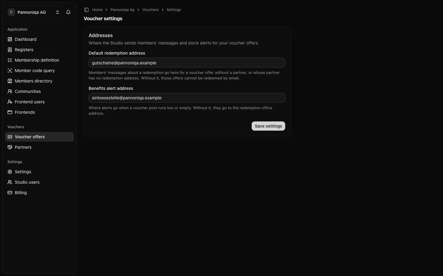 The Voucher settings page of Pannoniqa AG with the default redemption address and the benefits alert address