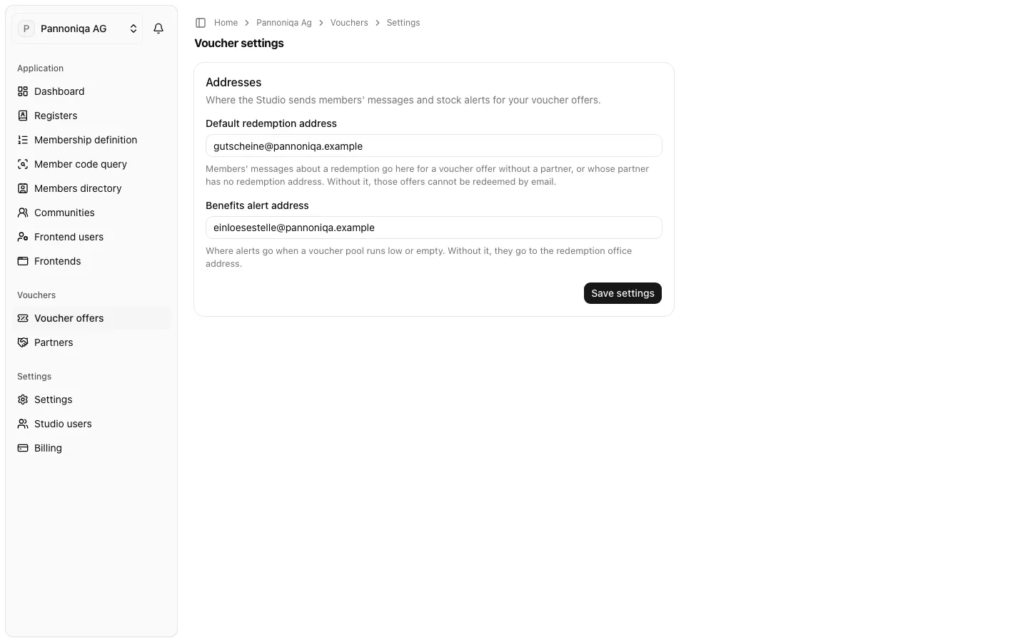 The Voucher settings page of Pannoniqa AG with the default redemption address and the benefits alert address